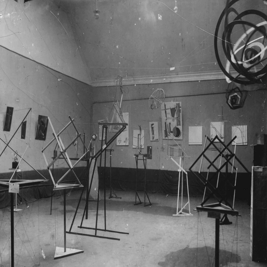 black and white photo of a constructivist exhibition in moscow in 1921